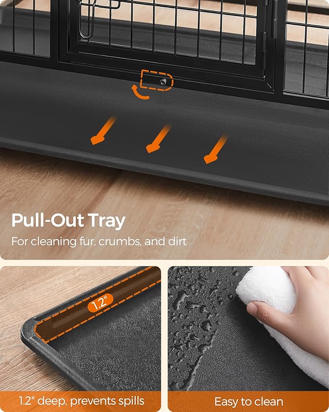 Feandrea 48 Inch Heavy Duty Dog Crate, Metal Escape Proof Dog Kennel with Double Doors and Convenient Feeding Door, Removable Tray, Easy to Clean, XXL Dog Crate for Large and Medium Dogs, Black