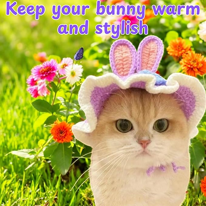 2Pcs Cute Knitted Hat for Cat, Funny Bunny Crochet Hats for Cats Guinea Pig Small Dog Rabbit, Pet Cat Costume for Birthday Party Christmas Halloween, Bunny Costume Accessories (Rabbit, Tiger)
