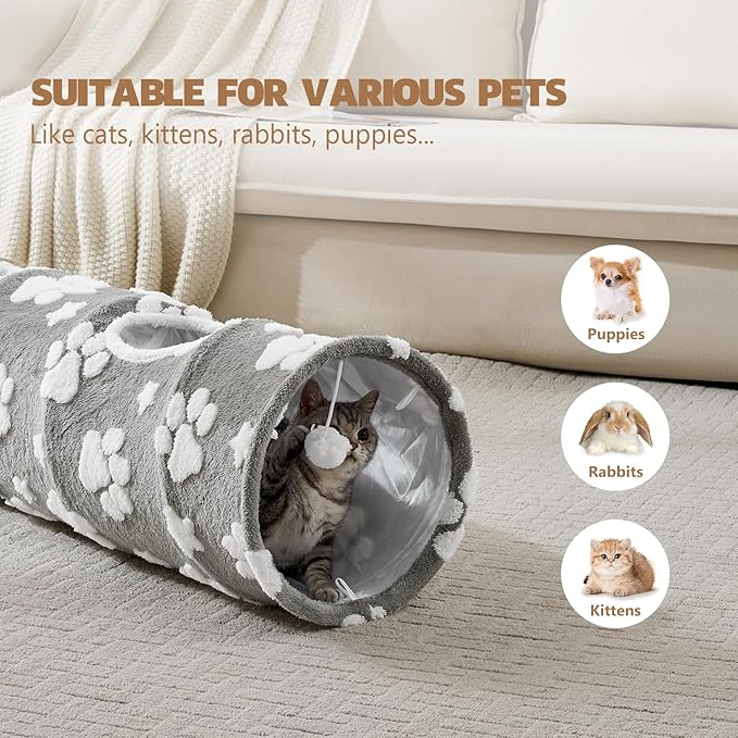 Straight Cat Tunnel for Indoor Cats 47"x12", Cute Cat Toys Collapsible Tunnel Tube with Balls for Puppy Kitten Rabbit, Grey Paw