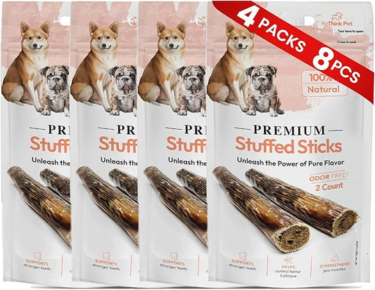 Premium Stuffed Sticks for Dogs – Long-Lasting Beef Dog Chews, Odor-Free, All Natural & Healthy High Protein Reward Treats, Great Tasting Dog Treat Chews (8 Sticks, 4 Pack)
