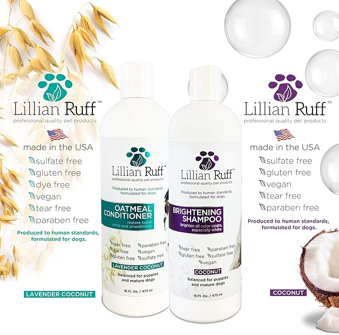 Lillian Ruff Brightening Shampoo & Oatmeal Conditioner Set for Dogs – Safe for Cats - Tear Free Coconut Scent with Aloe for Normal, Dry & Sensitive Skin