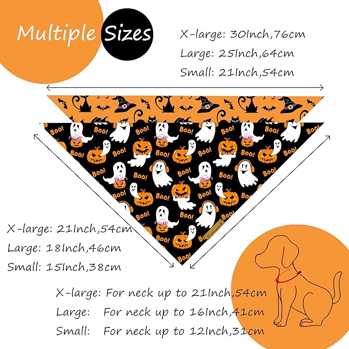 Halloween Dog Bandanas 2 Pack 4 Pattern Bat Pumpkin Pattern Bibs Reversible Washable Durable Fall Scarf Suitable for Small to X- Large Breed Dog Boy and Girl (X-Large)