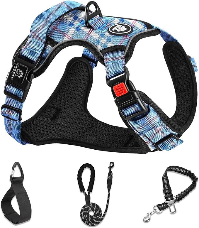 NESTROAD No Pull Dog Harness with Leash, Reflective No Choke Pet Vest Harness,Adjustable Soft Padded Dog Harness with Easy Control Handle for Large Dogs(Checkered Blue,X-Large)