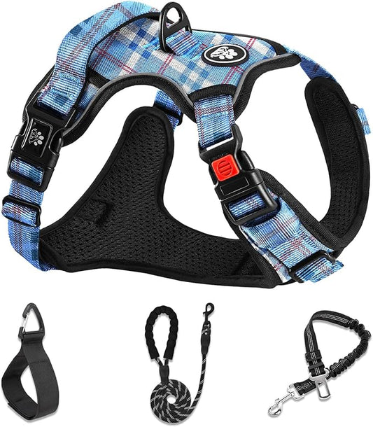 NESTROAD No Pull Dog Harness with Leash, Reflective No Choke Pet Vest Harness,Adjustable Soft Padded Dog Harness with Easy Control Handle for Medium Dogs(Checkered Blue,Medium)