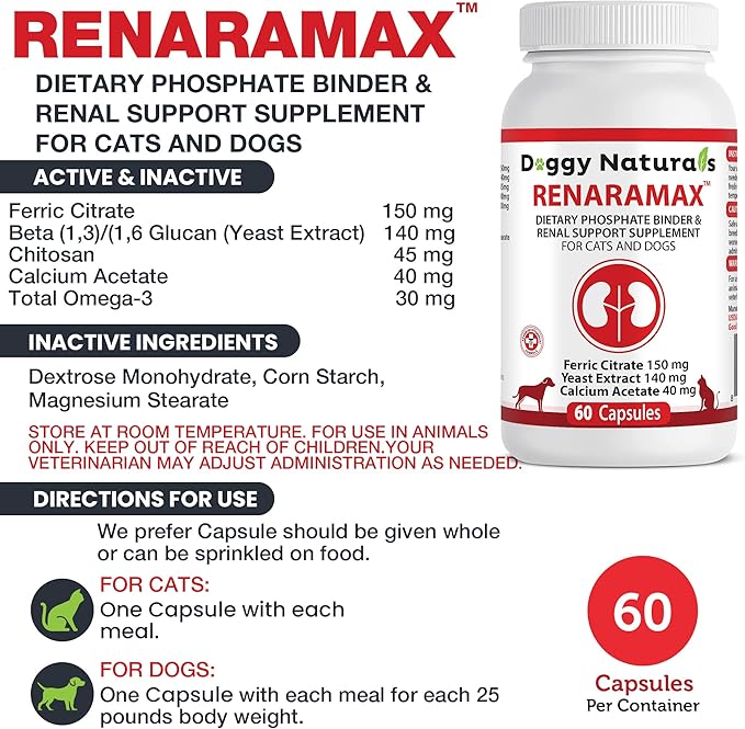 RENARAMAX Dietary Phosphate Binder and Renal Support Supplement for Cats & Dogs, 60 Count (Made in U.S.A)