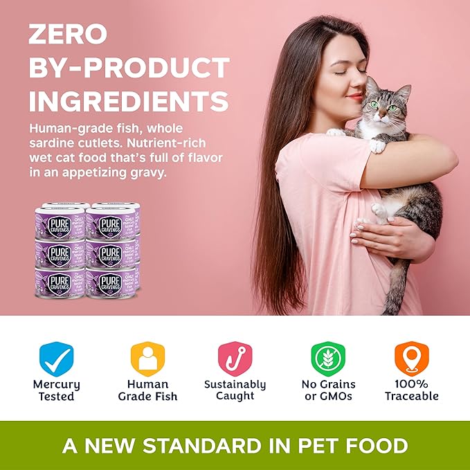 Wet Cat Food Canned Sardines Cutlets in Gravy, Every Catch is Mercury-Tested, Moist Can Fish for Cats, Grain-Free, Protein, Non-GMO, Pack of 12