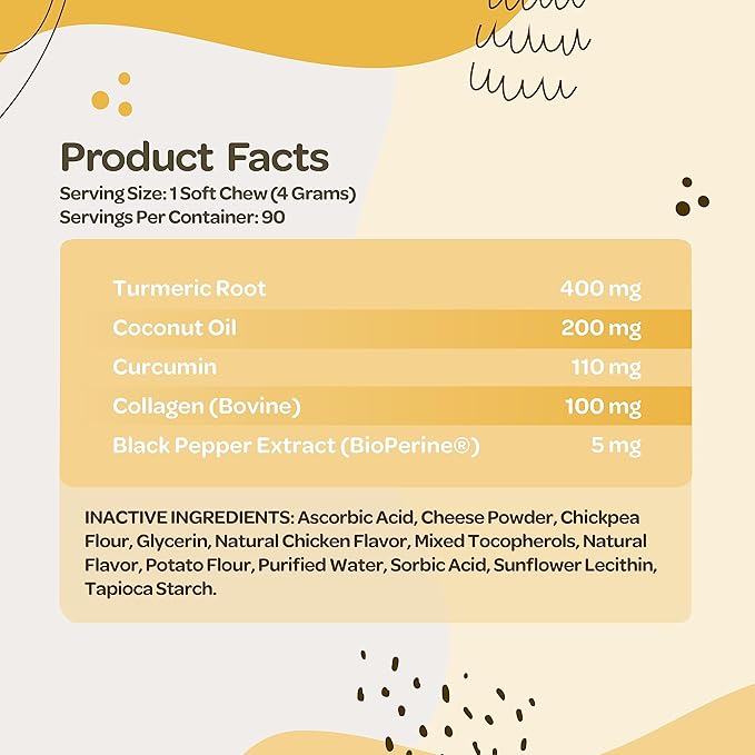 Turmeric for Dogs Soft Chews | Hip and Joint Chews for Dogs Comfort & Mobility with Collagen for Dogs | Dog Joint Supplement for All Ages Breeds & Sizes | NASC Certified & Made in The USA | 90 Chews