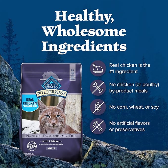 Blue Buffalo Wilderness Natural Adult Dry Cat Food, High-Protein and Grain-Free Diet, Supports Healthy Muscle Development and a Healthy Immune System, Chicken, 12-lb. Bag