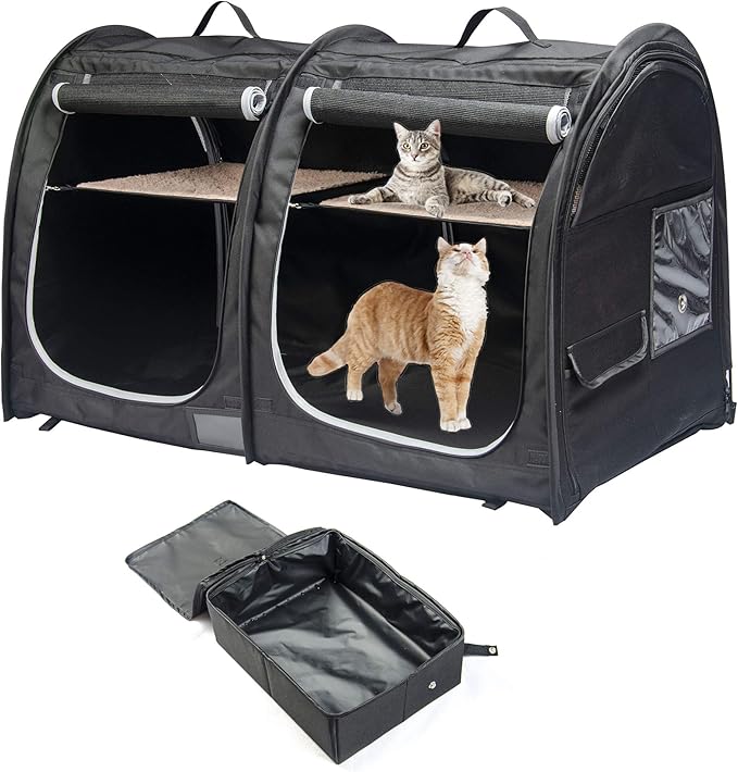 Mispace Portable Twin Compartment Show House Cat Cage Condo,Comfy Puppy Home Dog Travel Crate with Carry Bag/2 Hammocks/Mats & Collapsible Litter Box