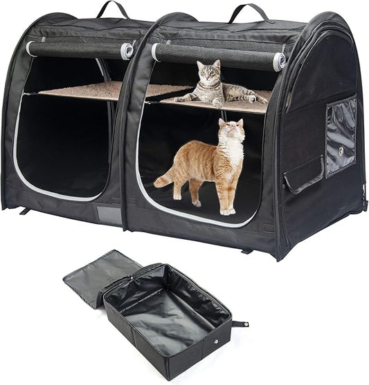 Mispace Portable Twin Compartment Show House Cat Cage Condo,Comfy Puppy Home Dog Travel Crate with Carry Bag/2 Hammocks/Mats & Collapsible Litter Box