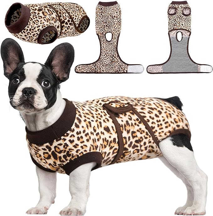 Kuoser Dog Surgery Suit, Comfy Dog Recovery Suit Female Doggie Onesie for Surgery, Post Op Protective Onesie, Soft E-Collar Alternative for Cats & Puppies, BrownLeopard XS