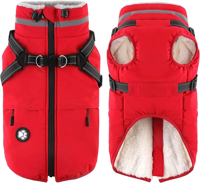 Dogcheer Dog Coat with Harness, Waterproof Dog Jacket, Christmas Puppy Winter Coat with Pocket, Reflective Doggy Turtleneck Puffer Vest for Small Medium Large Dogs - Red, 2XL