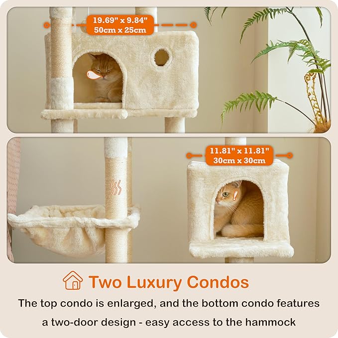 Ouritsu Cat Tree, 57 inch Cat Tower for Large Cat Indoor, 2 Top Perches with 1 Widened, 2 Condos with 1 Enlarged, Steel Frame Hammock, Scratching Posts and Scratching Pad, Beige, LF003WH