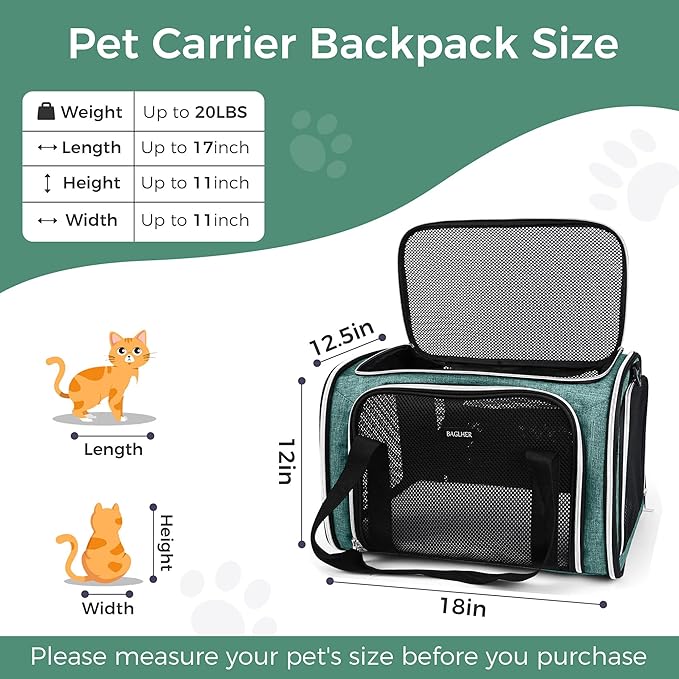 BAGLHER Pet Travel Carrier, Cat Carriers Dog Carrier for Small Medium Cats Dogs Puppies, Airline Approved Small Dog Carrier Soft Sided, Collapsible Puppy Carrier. Green