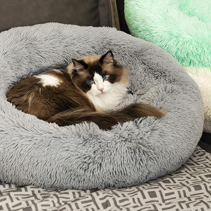 Anti Anxiety Round Fluffy Plush Faux Fur Warm Washable Dog Bed & Cat Bed, Original Bed for Small Medium Large Pets,Used to Relieve Joints and Improve Sleep（20"/24"/27''） (24", Light Grey)