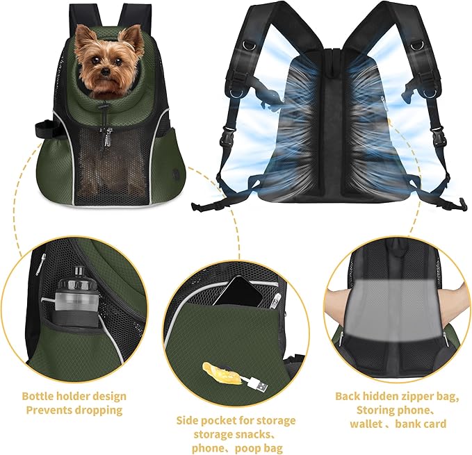 WOYYHO Pet Dog Carrier Backpack Small Dog Front Backpack Ventilated Mesh Dog Travel Back Pack with Safety Belt for Travel Hiking Cycling Outdoor Adventures (Size M: 5-9 lbs, Army Green)