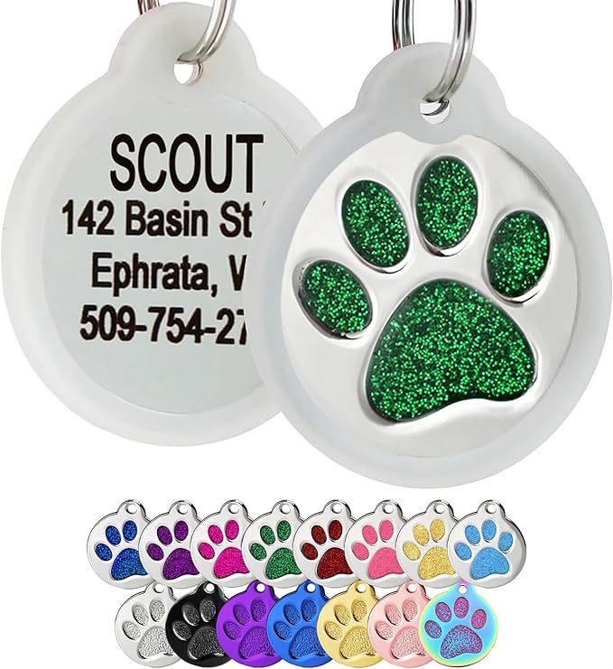 GoTags Paw Print Round Stainless Steel Pet Tag for Dogs and Cats, Personalized with 4 Lines of Custom Engraved ID with Silencer, in Stainless Steel and 15 Colors Small and Large, Glitter Green