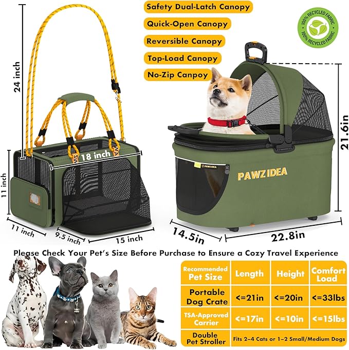 PAWZIDEA Double Pet Stroller with 2 Detachable Carriers, Portable Dog Crate for Car Travel & TSA-Approved Expandable Cat Carrier, Foldable Lightweight Jogger Stroller for 2–4 Cats or Small/Medium Dogs