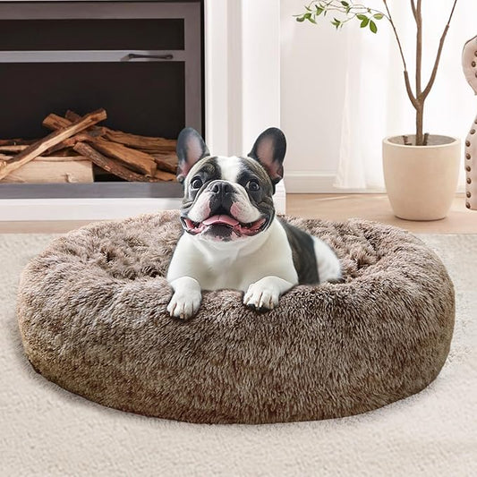 JOLLYVOGUE Calming Dog & Cat Bed for Small Dogs, Anti-Anxiety Donut Cuddler Cozy Soft Round Bed with Anti-Slip Bottom, Fluffy Faux Fur Plush Cushion Beds for Small Medium Dogs, 20"/Smoke Brown