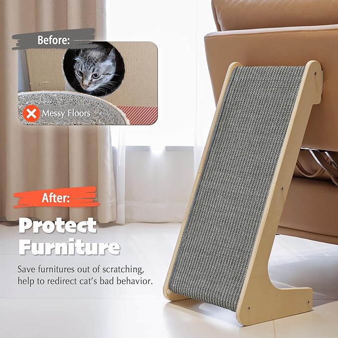 PETKARAY L Shape Cat Scratcher, Sisal Kitty Scratching Ramp, Vertical Scratch Pad for Indoor Cats, 25.5" Furniture Protector with Catnip, Grey