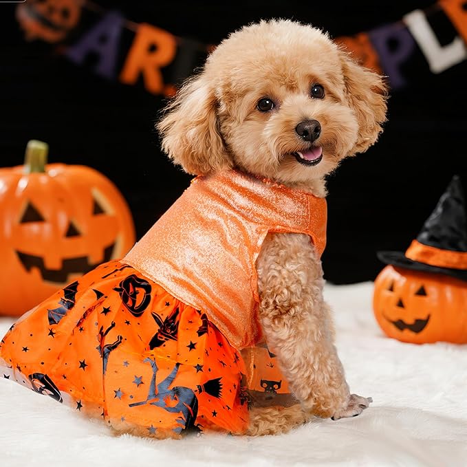 Dog Halloween Costume Dog Dress Witch Tulle Skirt Halloween Pet Clothes for Puppy Small Cats (Orange, Large)