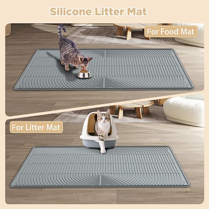 AMOK Cat Litter Mat, Extra Large Silicone Litter Box Mat 40" x 28", Waterproof Litter Trapping Mat for Cats, Durable and Easy to Clean, Grey