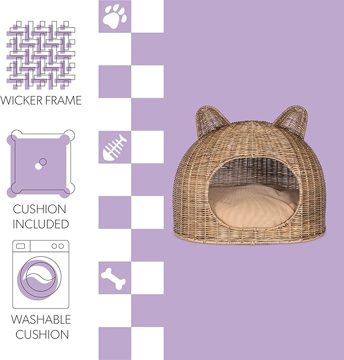 CBD1000A Cat Ear 20" x 14.5" Coastal Handwoven Rattan Cat Bed with Machine-Washable Cushion, Natural
