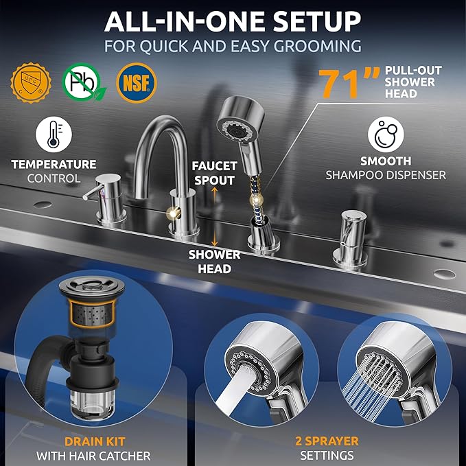 KANIS Professional Dog Washing Station - 304 Stainless Steel Pet Wash Sink & Grooming Bathtub w/Shower, Floor Grates and Storage for Large, Medium & Small Pets (40", 1 Drawer - Left Ramp)