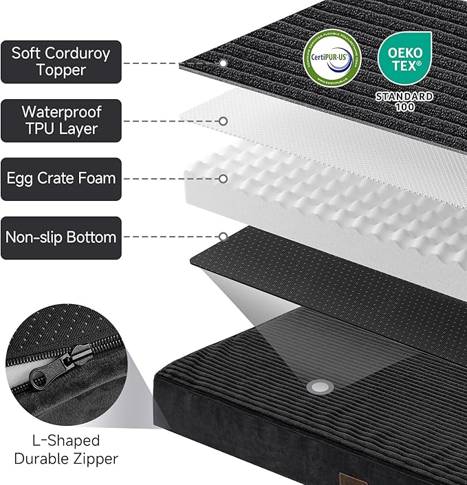 OhGeni Orthopedic Waterproof & Machine Washable Dog Bed for Medium Large Pets, Suitable for Crates, 25D Egg Crate Foam, Non-Slip Bottom & Removable Cover, 35 Inches(Black)