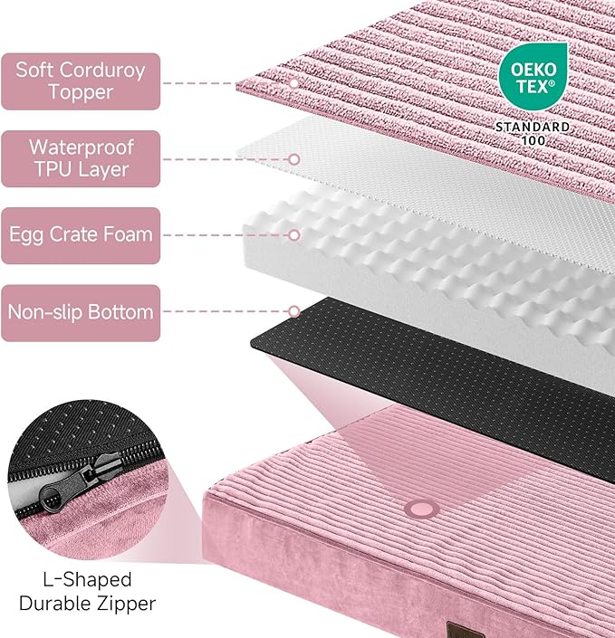 OhGeni Orthopedic Waterproof & Machine Washable Dog Bed for Medium Large Pets, Cat Mat with 25D Egg Crate Foam, Non-Slip Bottom & Removable Cover, 44 Inches(Pink)