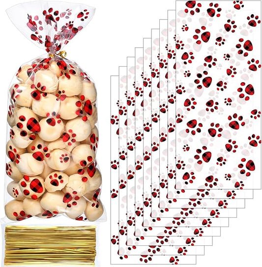 Blulu 100 Pieces Dog Treat Bags Puppy Party Favor Pet Paw Cone Cellophane Bags Candy Heat SealableDog Paw Gift with 100 Pieces Silver Twist Ties for Pet Cat Treat Party Favor(Red and Black)