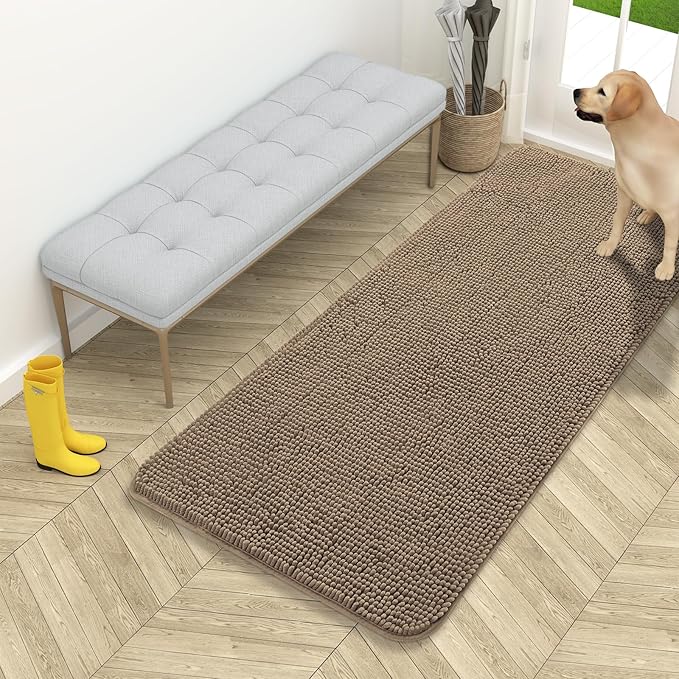 OLANLY Dog Door Mat for Muddy Paws 54x24, Absorbs Moisture and Dirt, Absorbent Non-Slip Washable Doormat, Quick Dry Chenille Mud Mat for Dogs, Entry Indoor Entryway Carpet for Inside Floor, Tan