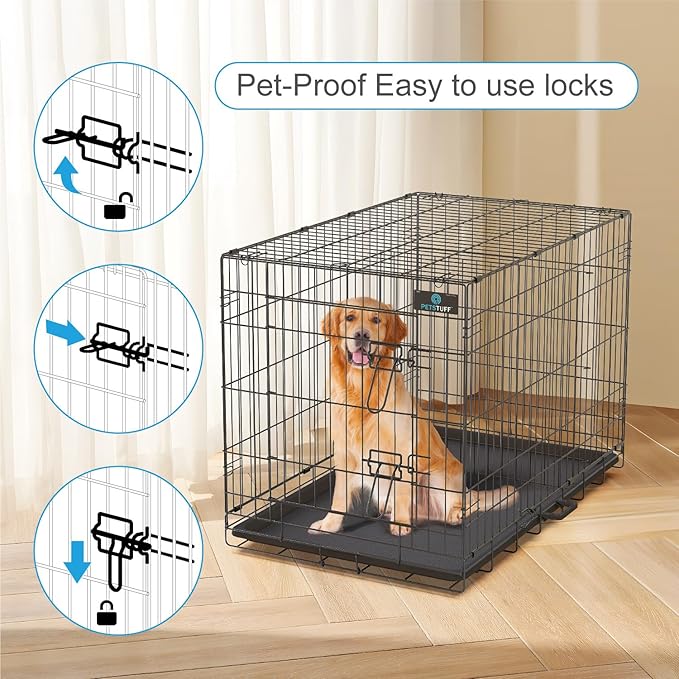 PetsTuff Great CRATES 36” Large Dog Crate - Heavy-Duty Dog Kennel with Divider Panel for Pets 40-60 lbs - Durable Leaf-Proof Tray - Foldable, Carry Handle & Wheels for Easy Moving