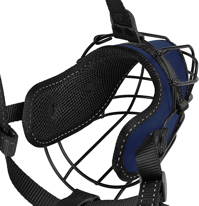 OOPSDOGGY Pitbull Dog Muzzle - Reflective Metal Mask with Wire Basket for Large Dogs - Soft Cage Muzzle to Prevent Biting & Chewing - Adjustable Nylon Straps (Blue)