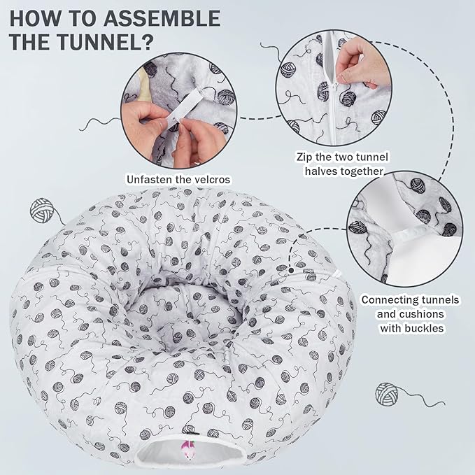 Ownpets Large Cat Tunnel Bed for Indoor Cats, Soft Plush Cat Donut Tunnel with Washable Cushion for Kitten, Puppy, Rabbit, Gray