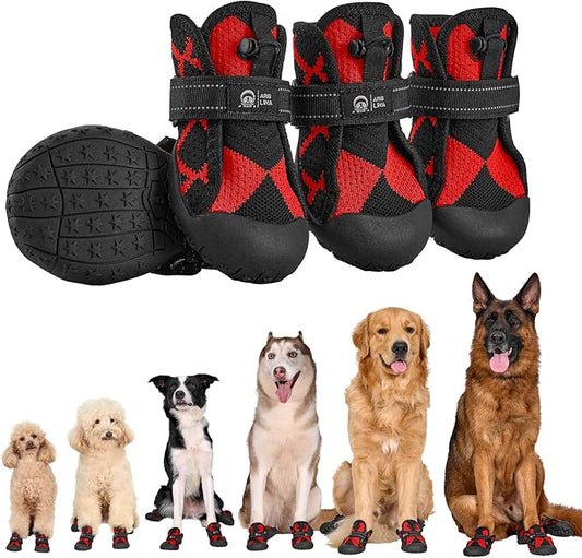 Dog Shoes for Large Medium Size Dogs, Waterproof Anti Slip Red Dog Boots&Paw Protectors for Winter Snow, Summer Hot Pavement, Dog Booties for Outdoor Walking Hiking Hardwood Floor