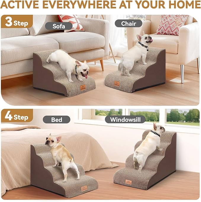 Dog Ramp and Stair for Bed 16" H-20 H,3-Step Cat Stair for Sofa and Chair,4-Step Dog Ramp for High Bed and Window,Durable Nonslip Fabric Cover for Indoor (Coffee-20 H, Pet Friendly, 4)