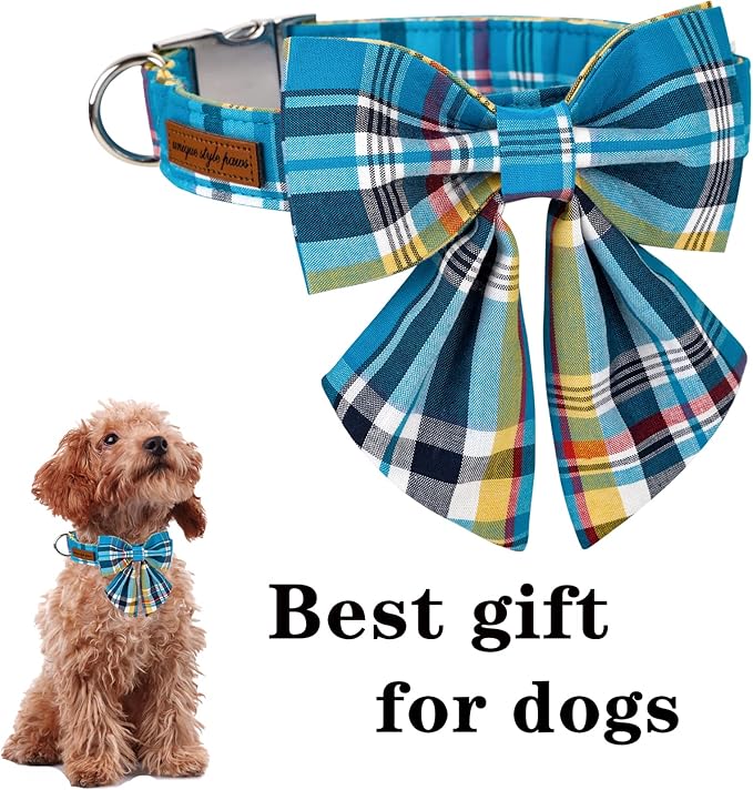 Unique style paws Blue Plaid Dog Collar with Bow Cute Puppy Collar for Small Medium Large Dogs as Autumn Winter Pet Gifts-XL