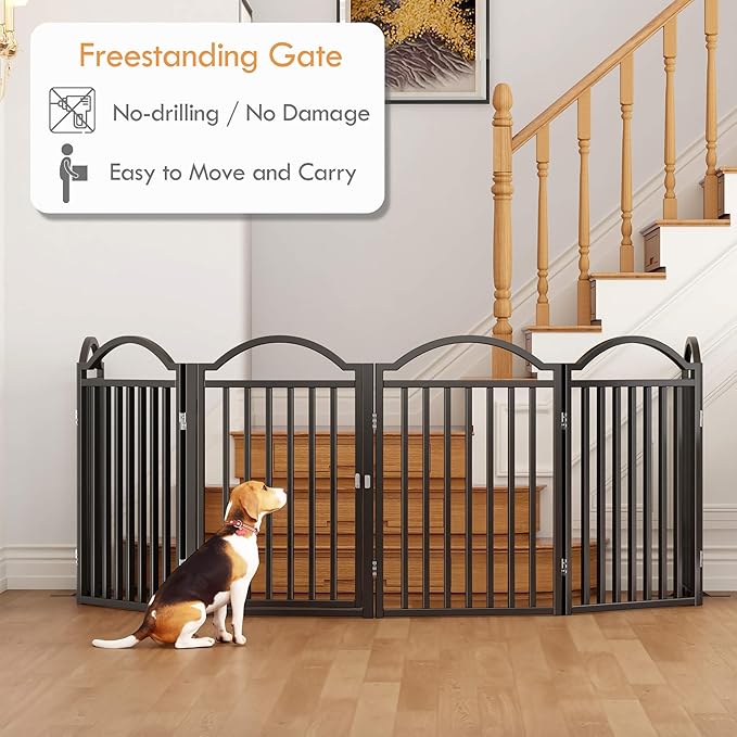 UDD Dog Gate Indoor 144" Extra Wide, 32" Tall Foldable Pet Gate with Door for Stairs Doorways Hallways Porch, Freestanding No Drilling Metal Pet Fence for Dogs Puppy, Black 6-Panel