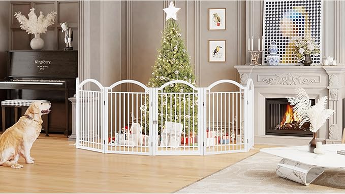 BHG Metal No-Assembly Freestanding Dog Gate with Door Walk Through, Extra Wide 144", Extra Tall 32" Pet Gate, Accordion Puppy Folding Playpen Dog Fence, with 2PCS Support (White, 6 panesl)