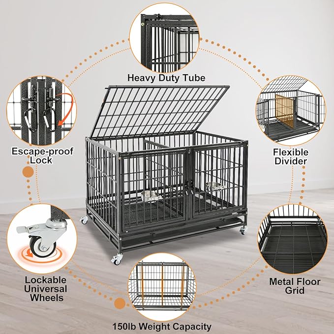 Homey Pet 42 inch Stackable Heavy Duty Dog Crate Cage on Wheels with Divider, 2 Bowls, 4 Lockable Wheels, Tray, Indestructible Escape Proof Medium Sized Dog Kennel Indoor