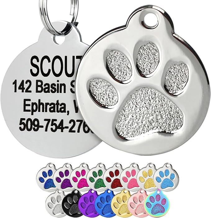 GoTags Paw Print Round Stainless Steel Pet Tag for Dogs and Cats, Personalized with 4 Lines of Custom Engraved ID Name and Number, in Stainless Steel and 15 Colors Small and Large, Silver