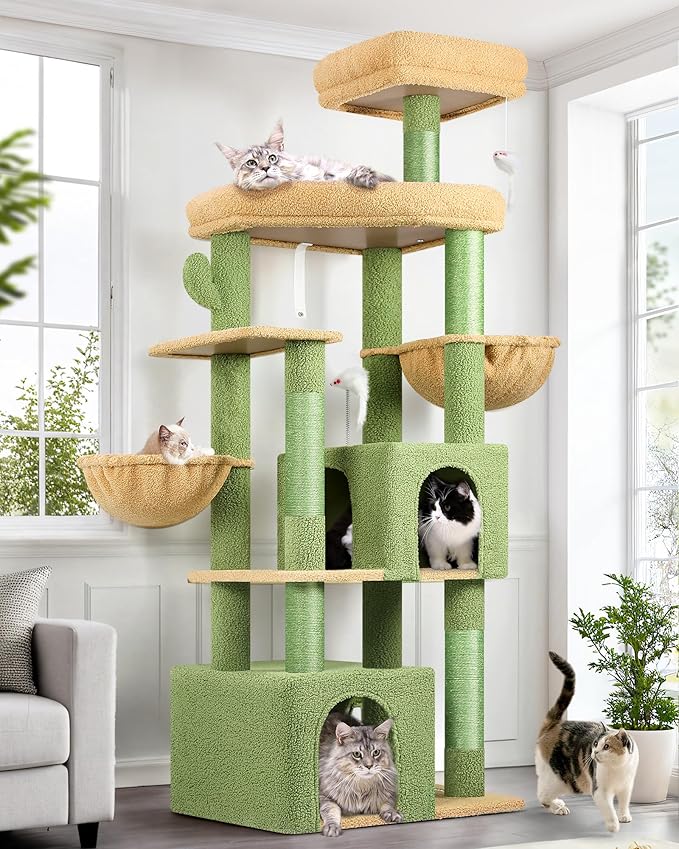 Globlazer Sturdy Cat Tree, 68-inch Large Cat Tower for Indoor Adult Cats 20 lbs Heavy Duty Cat Tree for Big Cats with Extra Large Platform, 5 Scratching Post, S68, Green