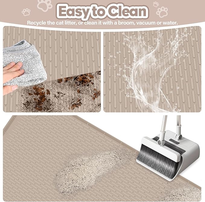 Cat Litter Mat, Extra Large 34" x 22" Silicone Mat Litter Trapping Mat for Scatter Control, Soft on Kitty Paws, Easy to Clean (Beige)