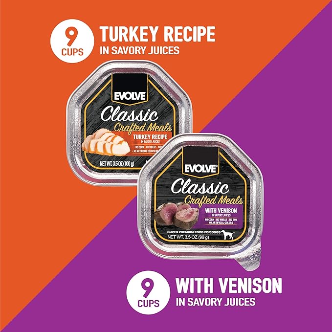 Evolve Classic Crafted Meals Variety Pack Turkey Recipe & with Venison Wet Dog Food | 3.5 oz - 18 pack