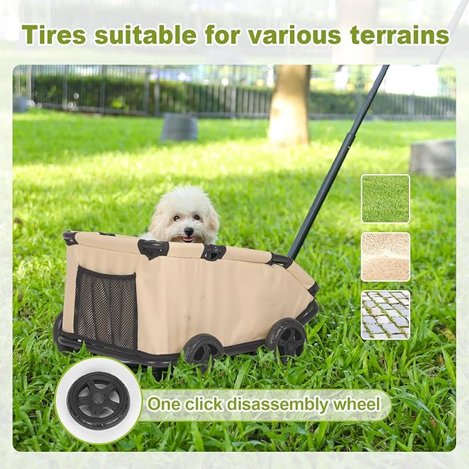 Dog Stroller 4 Wheels Folding Dog Cart Pet Stroller for Travelling Shopping Walking Playing for Small Dogs Cats (Khaki)