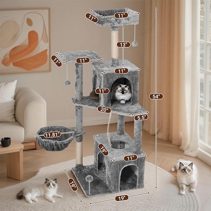 Cat Tree, 54-Inch Cat Tower for Indoor Cats,Plush Multi-Level Cat Condo with Scratching Posts, Basket, Perches,2 Caves,2 Pompoms(Gray)