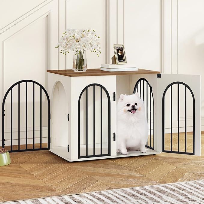 26.8'' Wooden Dog Crate Furniture, Indoor Dog Kennel Dogs Cage for Small Dogs, Heavy Duty Dog Crates Decorative Pet House End Side Table TV Stand, White Brown DFC85514B