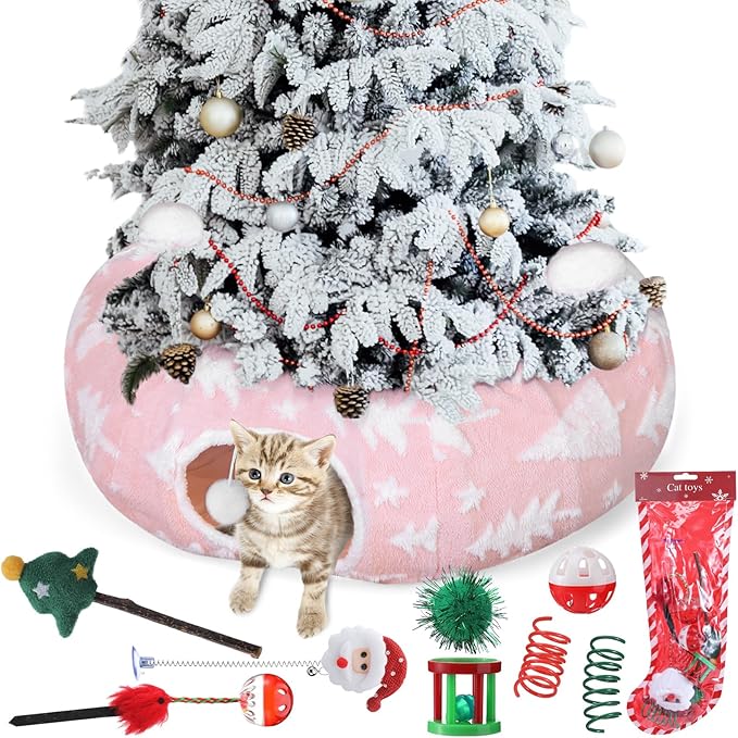Christmas Cat Tunnel Bed with 8 Cat Toys Fluffy Plush Dog Tunnel Bed with Washable Cushion and Dangling Balls 3FT Multifunctional Playground for Small Medium Large Rabbit(Tree,Pink)