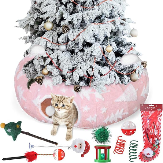 Christmas Cat Tunnel Bed with 8 Cat Toys Fluffy Plush Dog Tunnel Bed with Washable Cushion and Dangling Balls 3FT Multifunctional Playground for Small Medium Large Rabbit(Tree,Pink)
